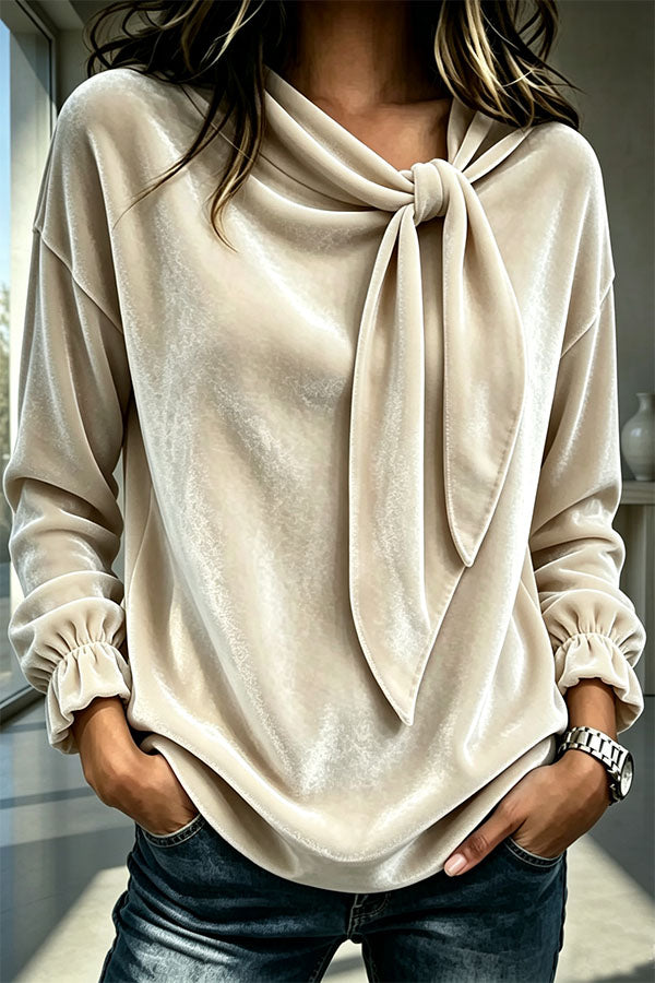 Women's Flowy Velvet Blouse with Bow Detail