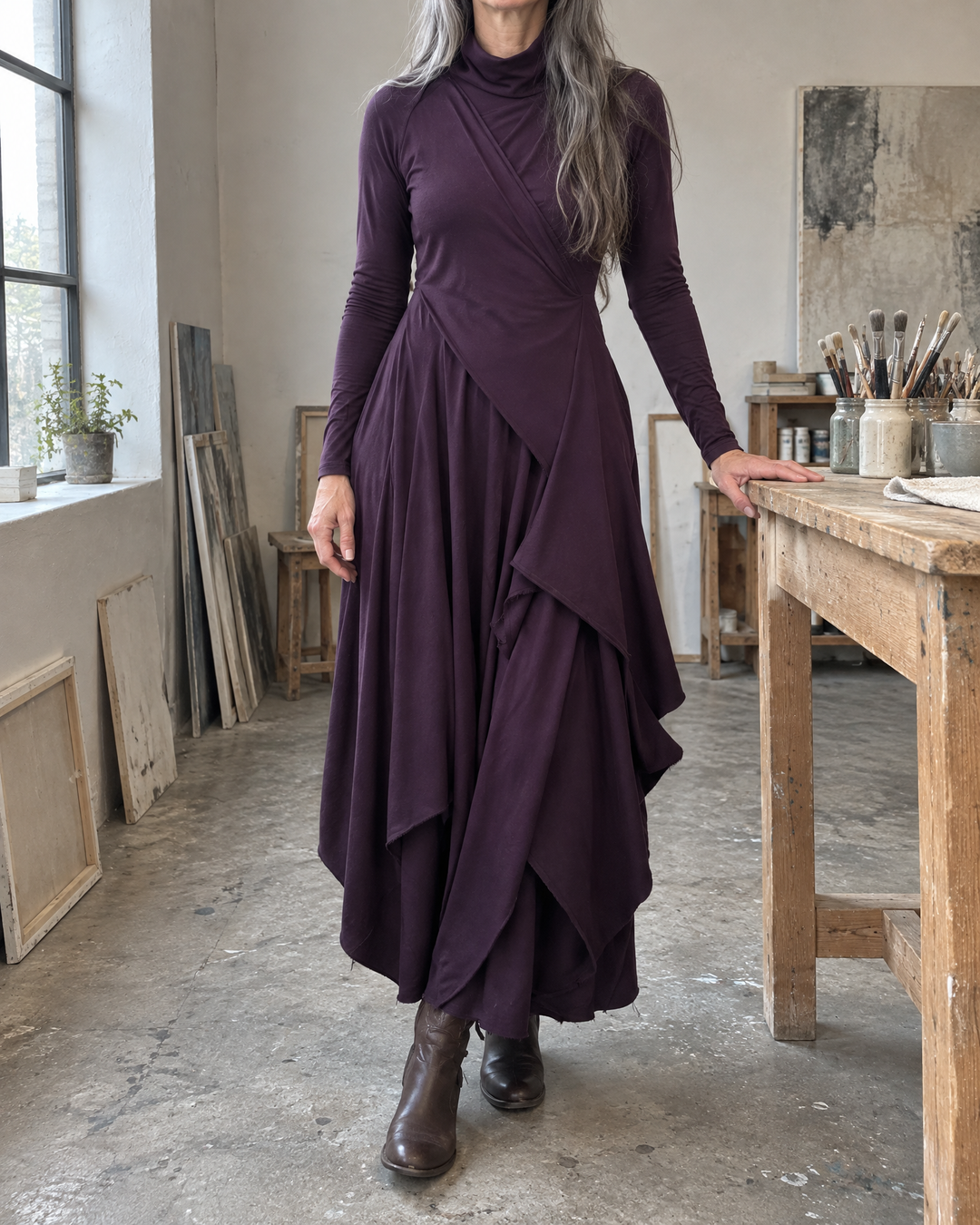 Women's Draped Turtleneck Maxi Dress