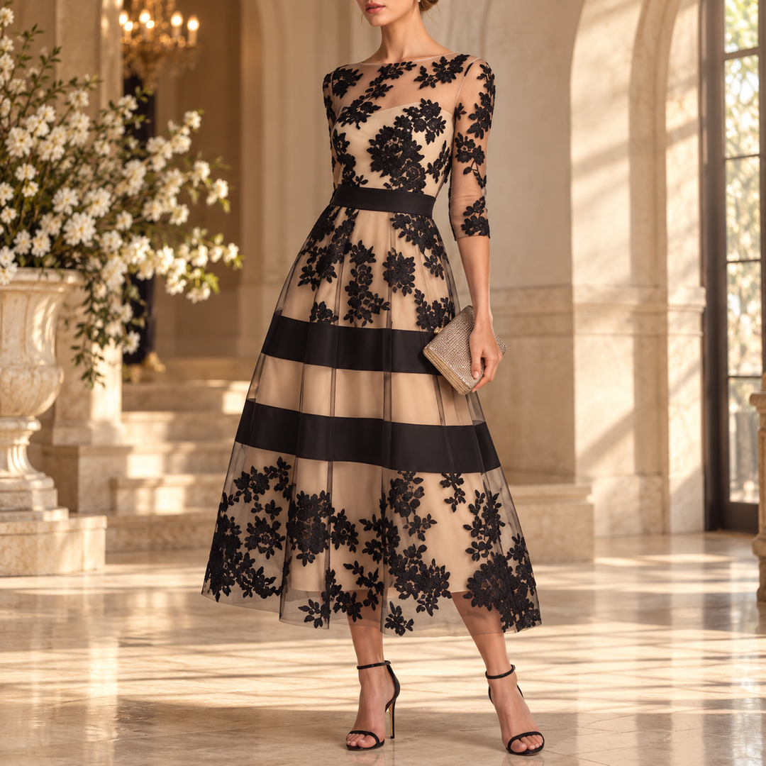 Josephine - Elegant Black Lace Midi A-Line Dress
