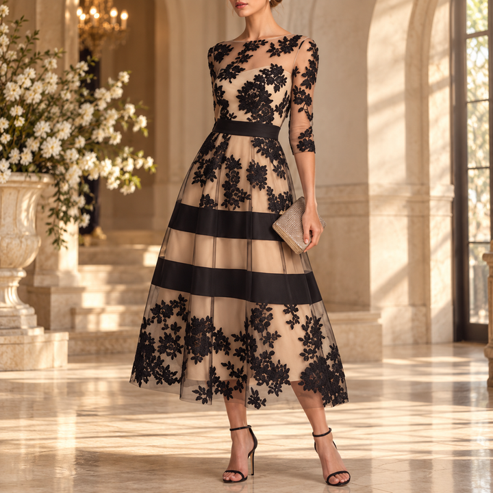 Josephine - Elegant Black Lace Midi A-Line Dress