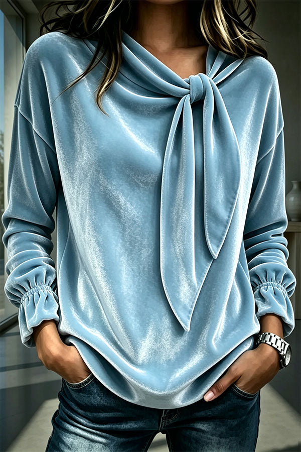 Women's Flowy Velvet Blouse with Bow Detail