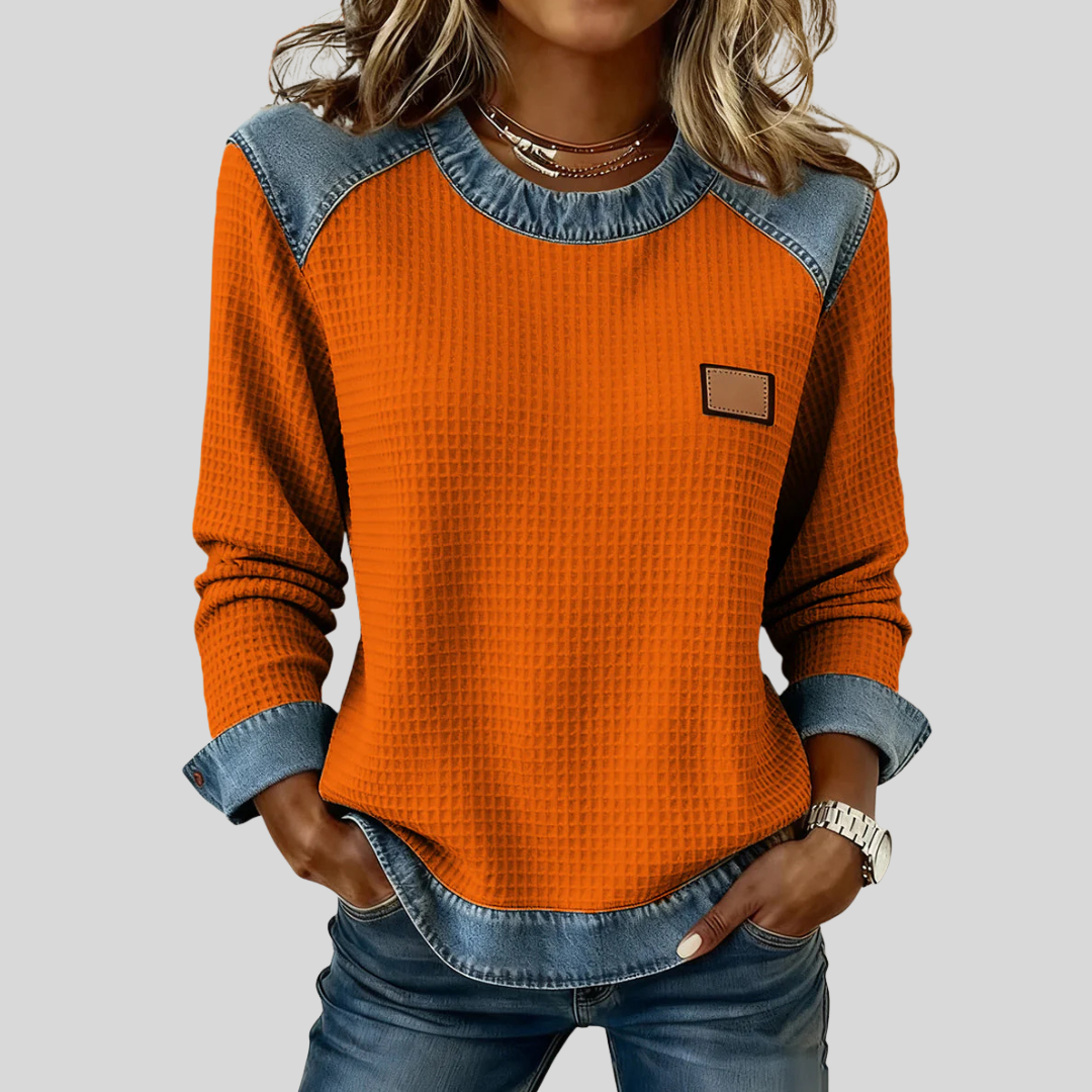 KARA | Waffle sweatshirt with patchwork trim