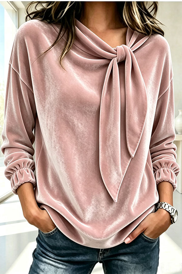 Women's Flowy Velvet Blouse with Bow Detail