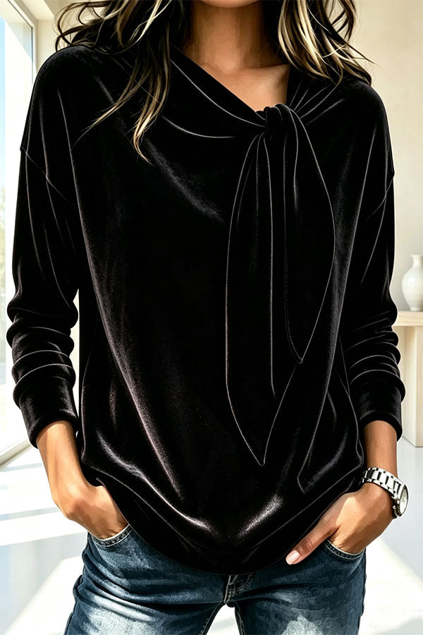 Women's Flowy Velvet Blouse with Bow Detail