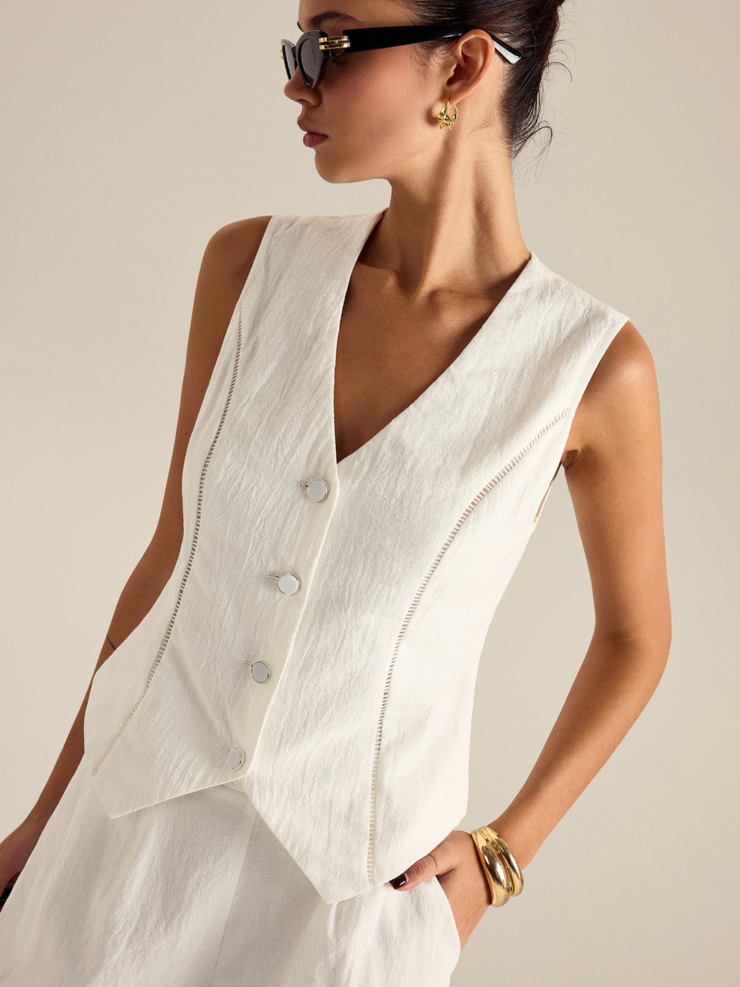Cotton Button Detail Vest Top With Pockets Shorts Set