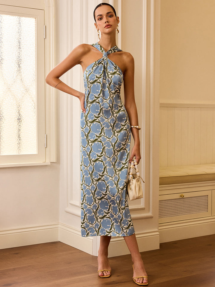 Halter Neck Floral Print Midi Dress