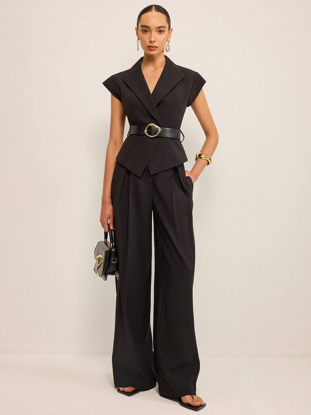 Belted Peplum Vest with Metal Buckle Detail