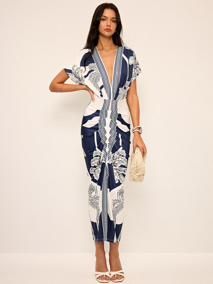Printed Deep V-Neck Midi Dress Without Belt