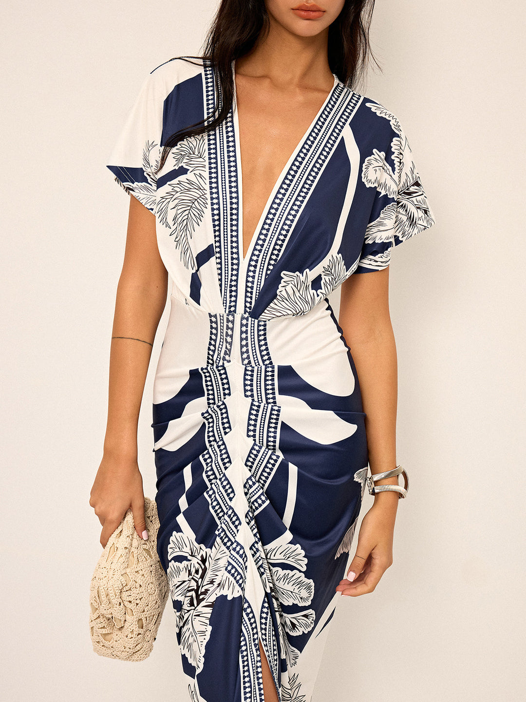 Printed Deep V-Neck Midi Dress Without Belt