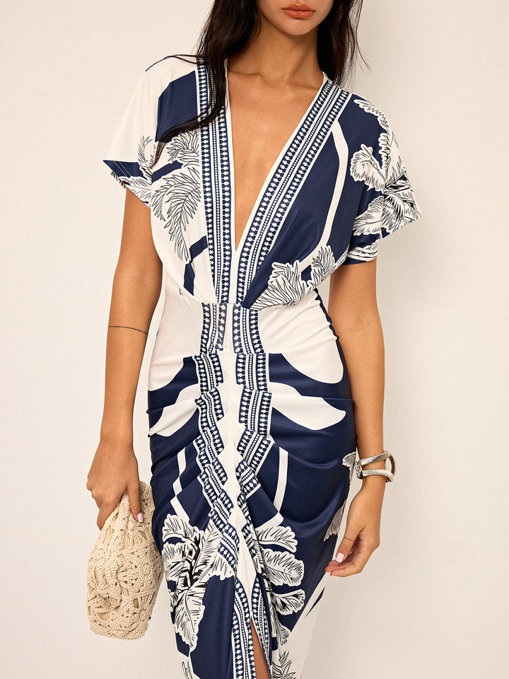 Printed Deep V-Neck Midi Dress Without Belt