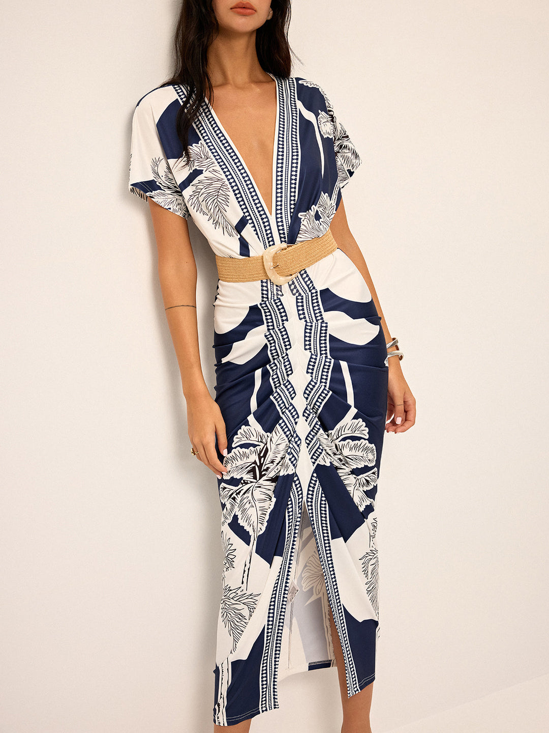 Printed Deep V-Neck Midi Dress Without Belt