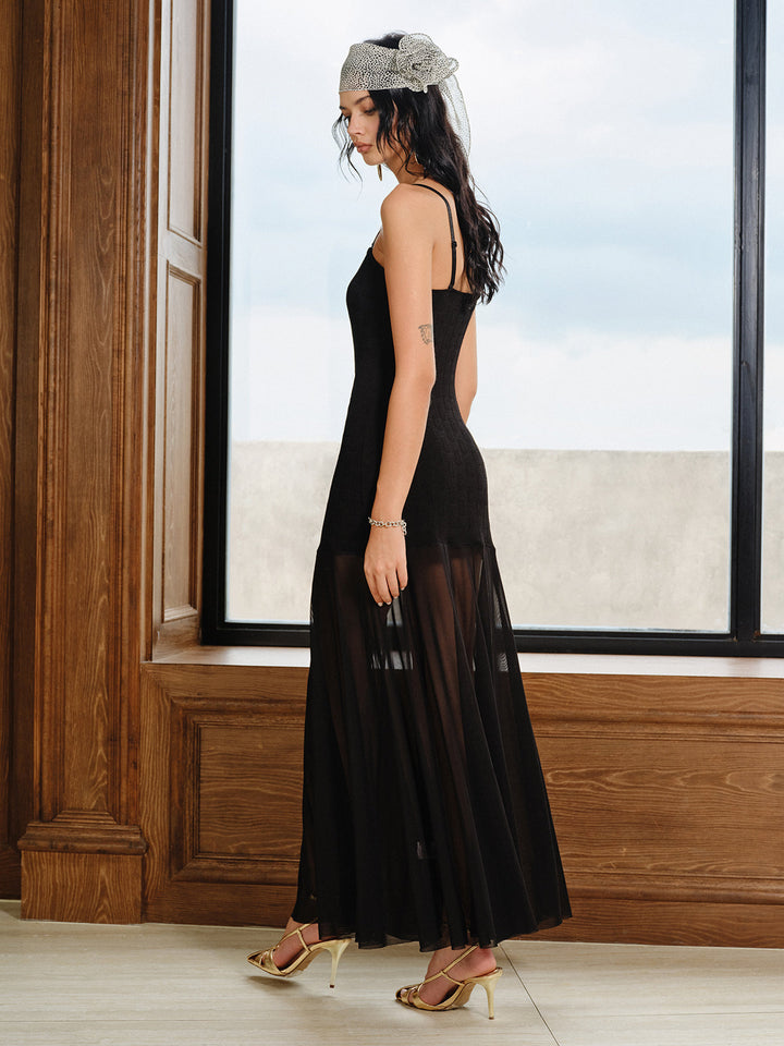 Semi-Sheer Mesh Panel Textured Maxi Dress