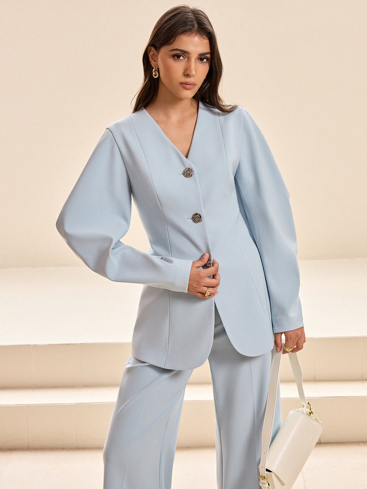 Puffed Sleeve V-Neck Blazer