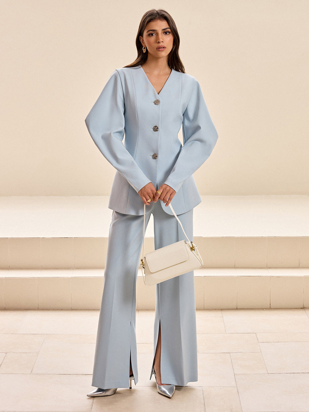 Puffed Sleeve V-Neck Blazer