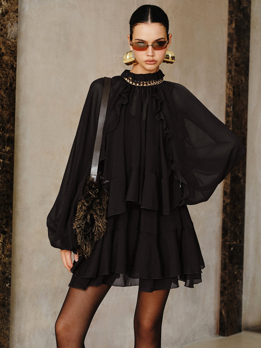 Tiered Ruffle Chiffon Mini Dress Set with Liner