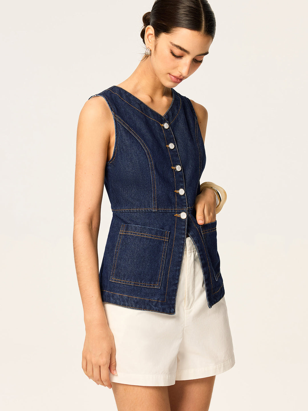 Denim Slim Button Sleeveless Vest
