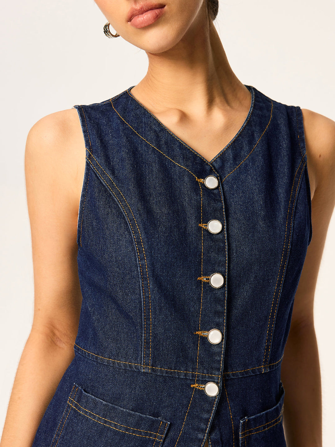 Denim Slim Button Sleeveless Vest