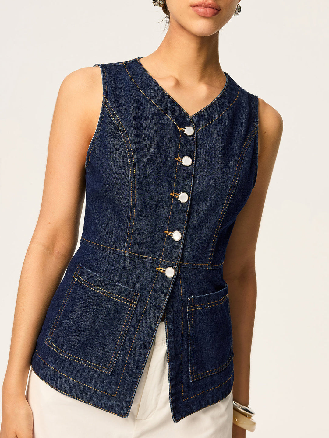 Denim Slim Button Sleeveless Vest