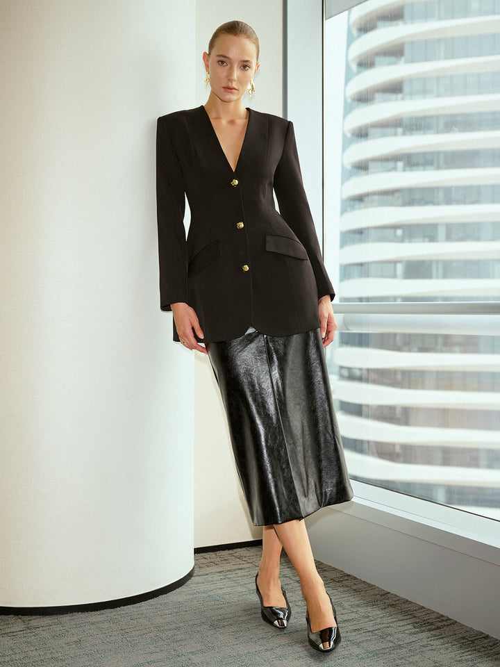 V-Neck Metal Button Blazer