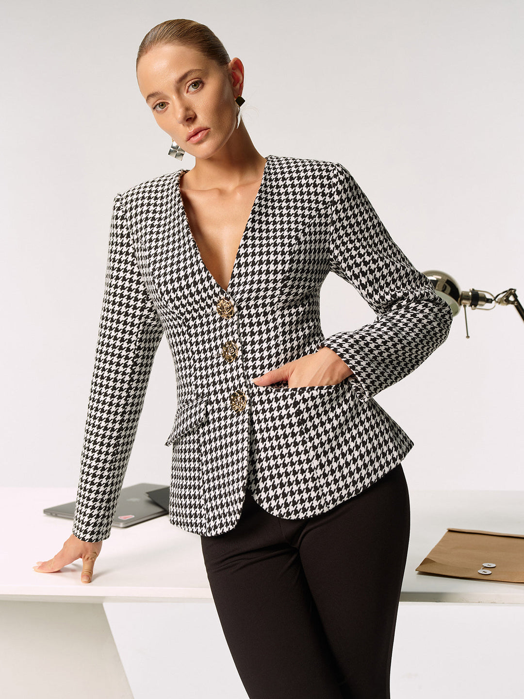 Metal Button Houndstooth Blazer