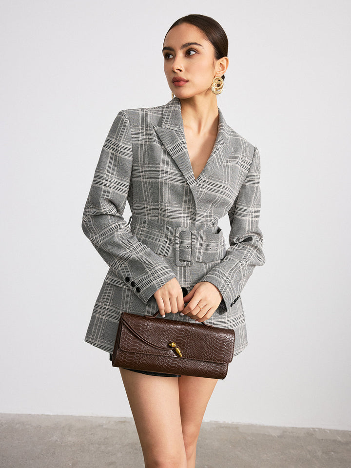 Plaid Cotton Blend Blazer with Wide Belt