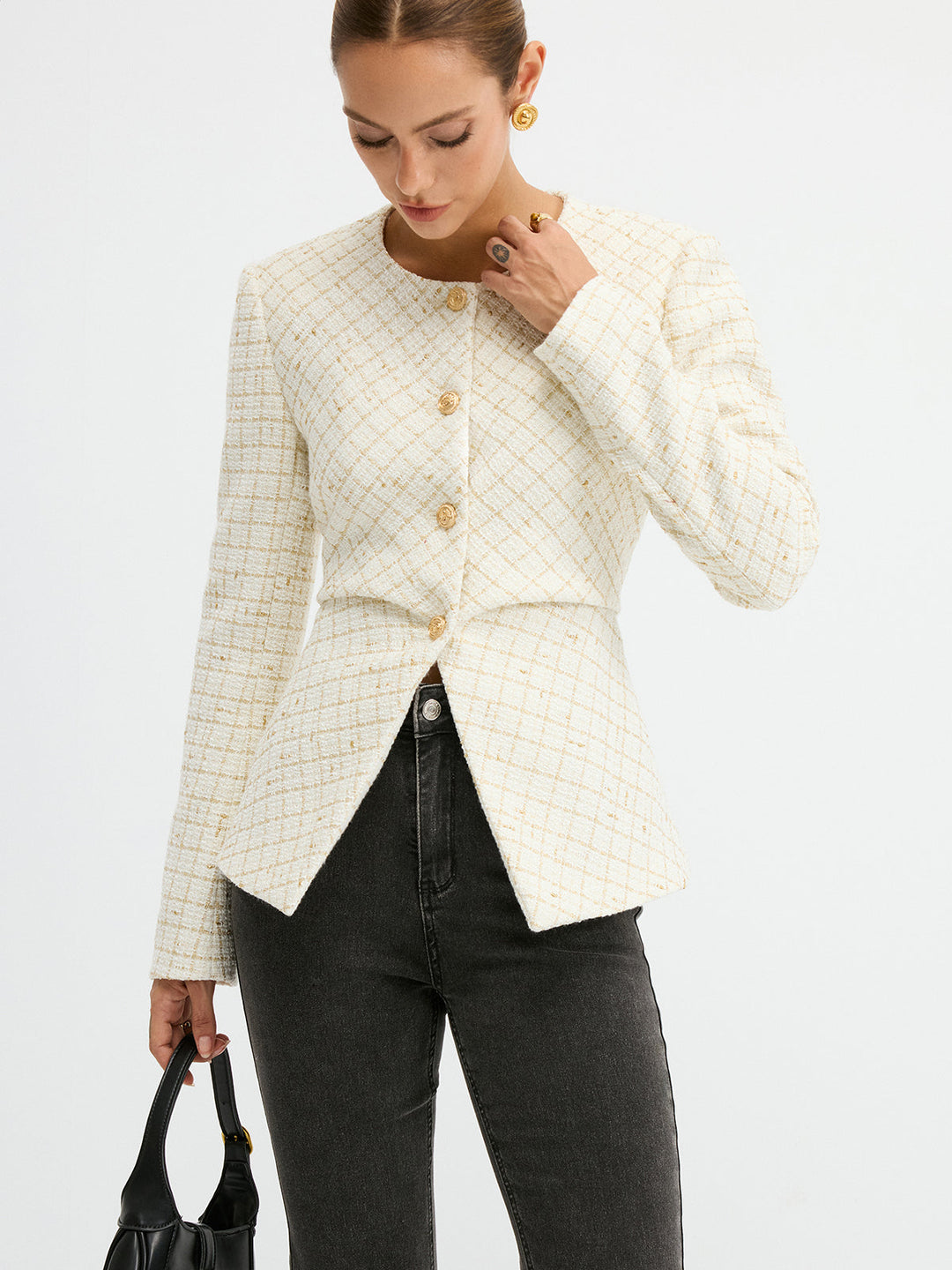 Tweed Round Neck Waist-Cinching Blazer