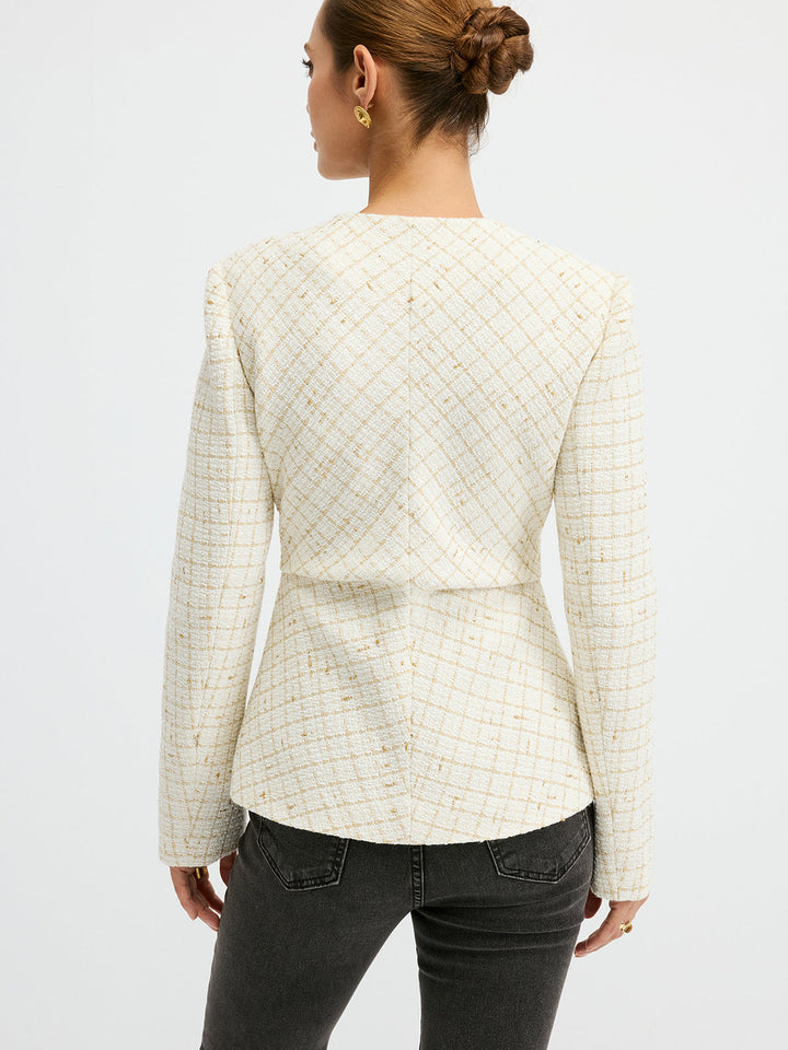 Tweed Round Neck Waist-Cinching Blazer
