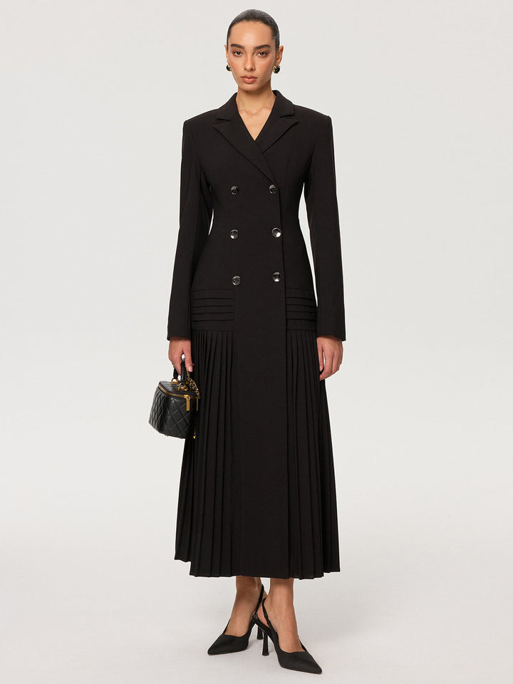 Pleated Hem Double-Breasted Blazer Coat