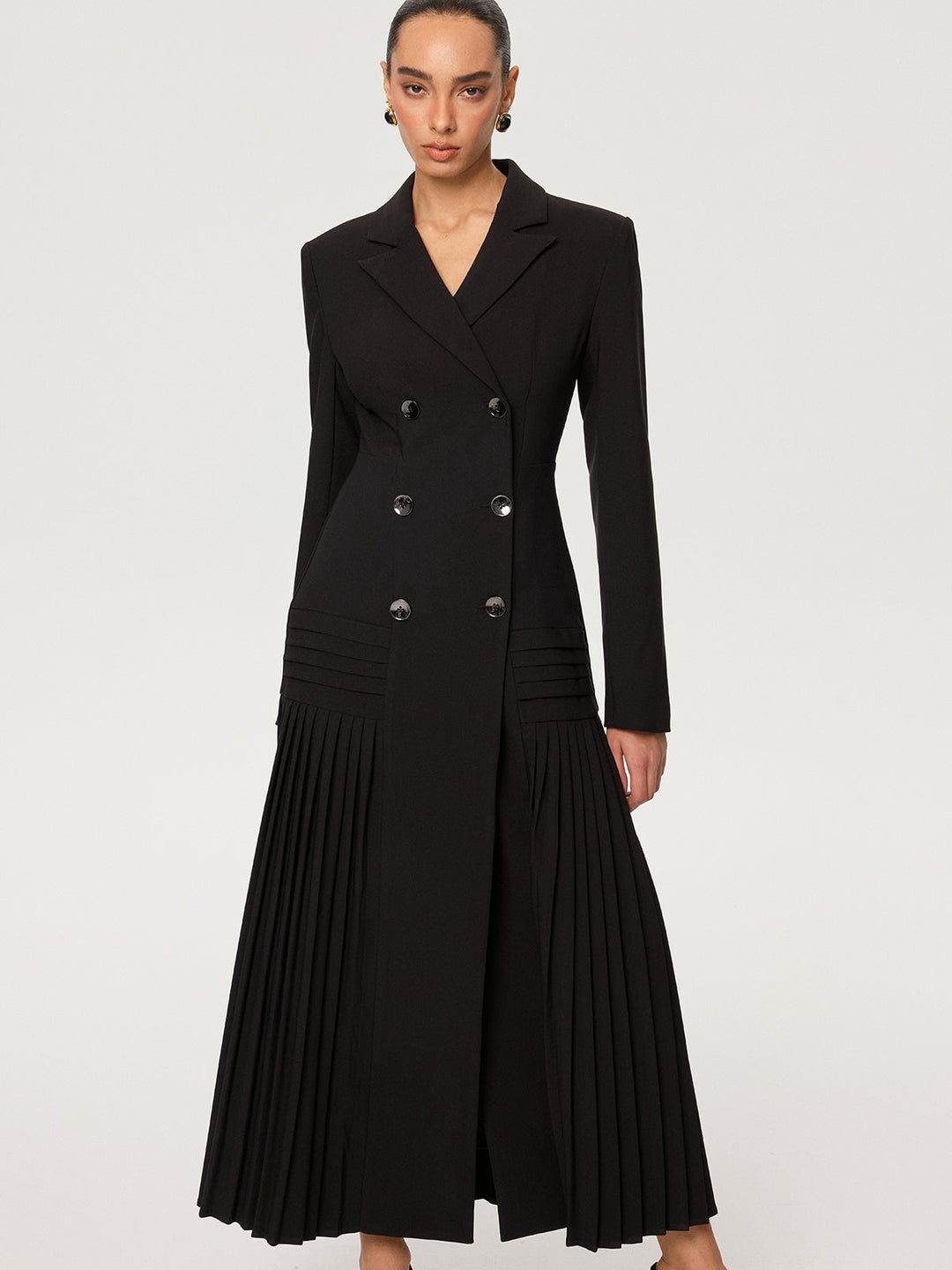 Pleated Hem Double-Breasted Blazer Coat