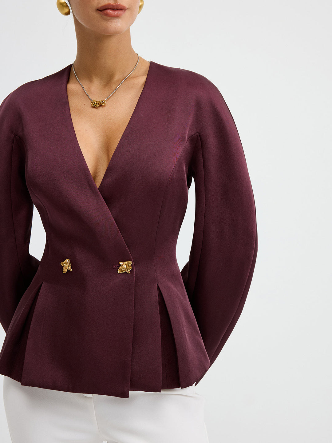 Metal Button Puff Sleeve Peplum Blazer
