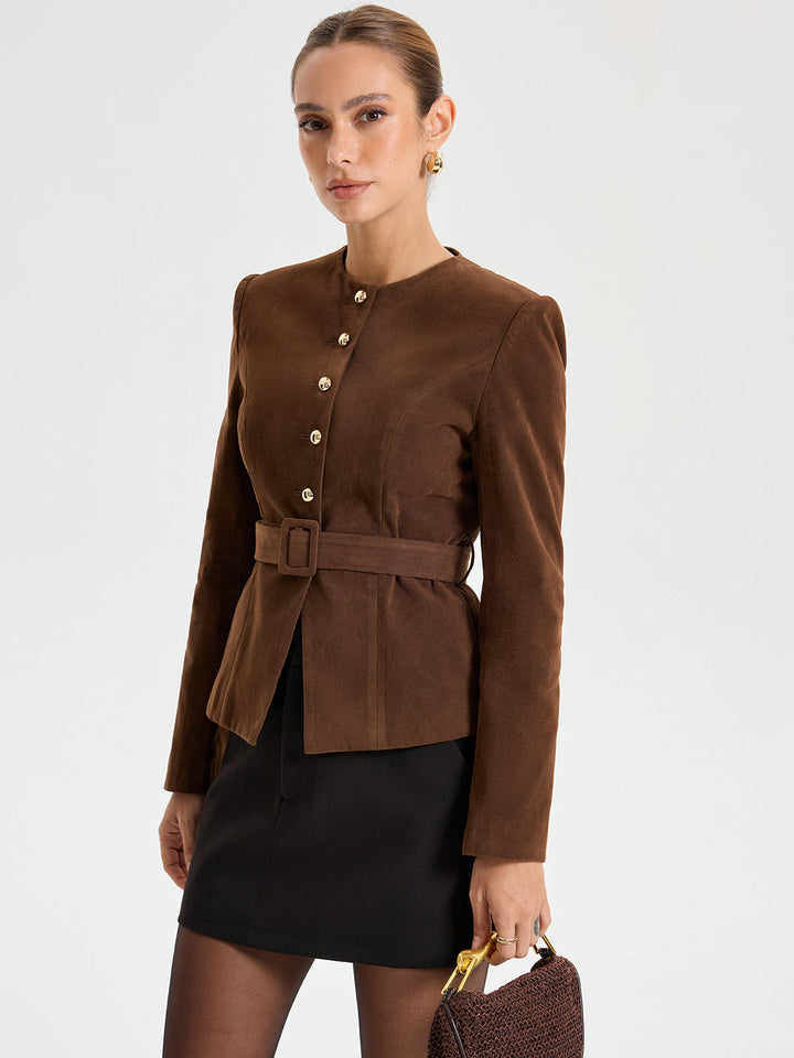 Belted Suede Effect Metal Button Blazer