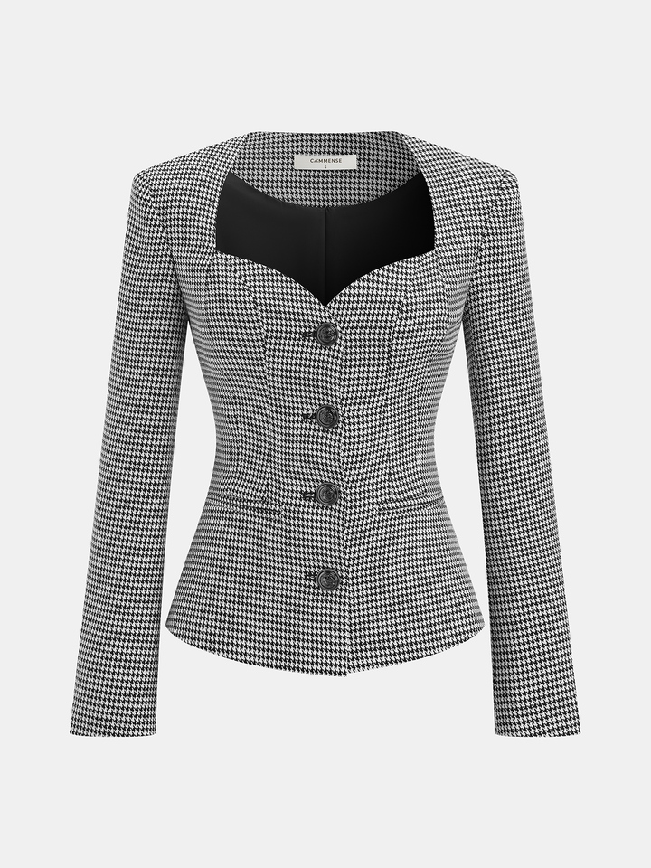 Houndstooth Sweetheart Neckline Button Blazer