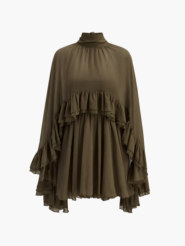 Semi-Sheer Chiffon Ruffle Dress With Outer Cape