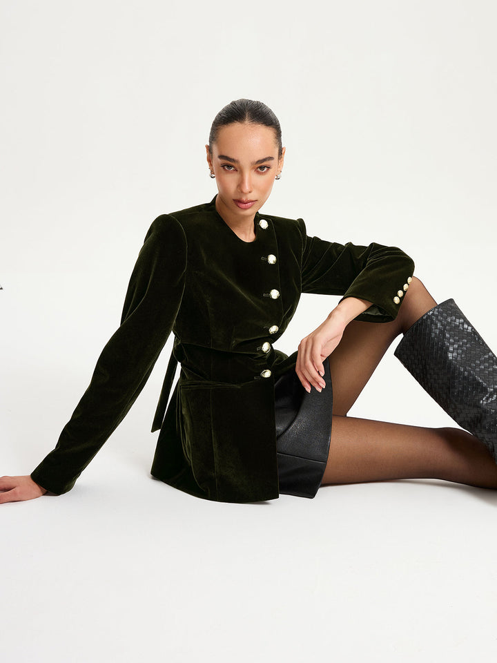 Velvet Button-Front Asymmetric Blazer