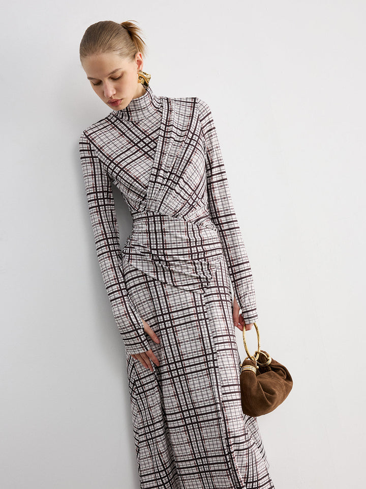 Checked Long-Sleeve Mock Neck Maxi Dress