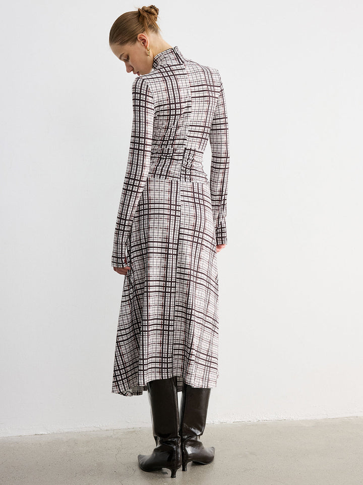 Checked Long-Sleeve Mock Neck Maxi Dress
