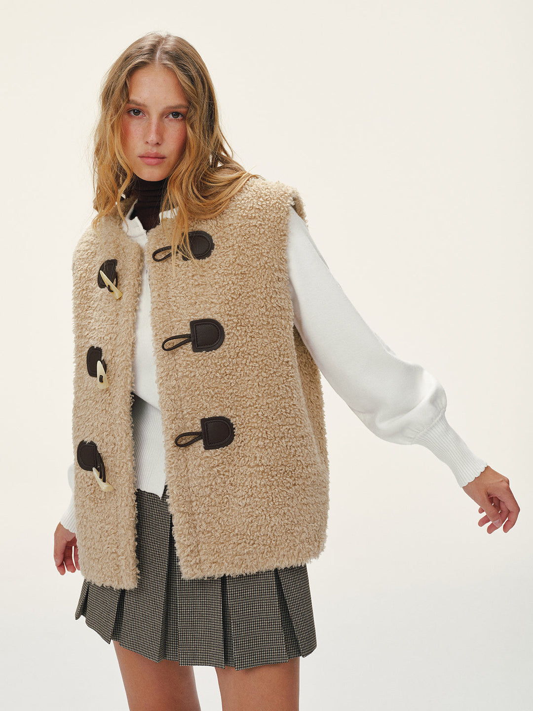 Faux Leather Buckle Fleece Sleeveless Vest