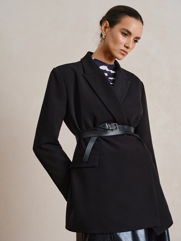 Belted Long Sleeve Lapel Blazer