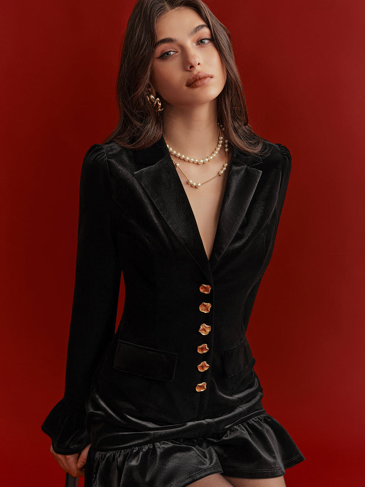 Metal Button Ruffled Hem Velvet Blazer Dress