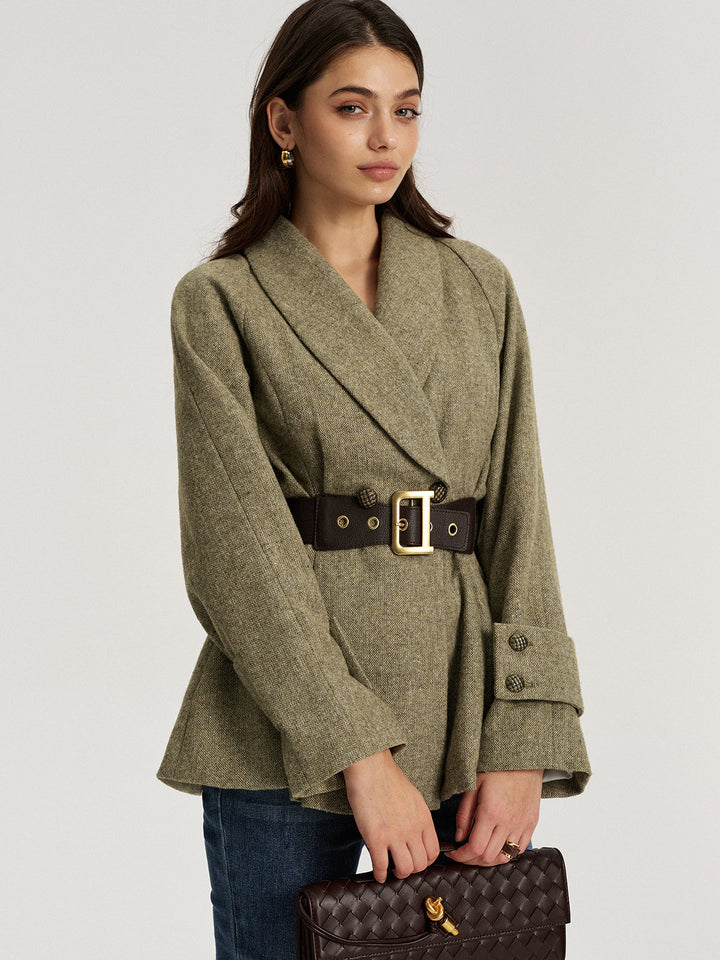 Shawl Collar Wool-Blend Belted Blazer