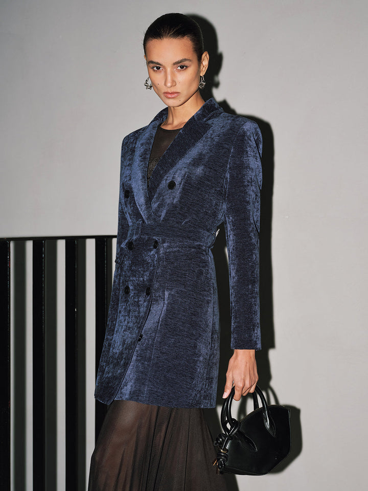 Velvet Double-Breasted Belted Blazer Dress