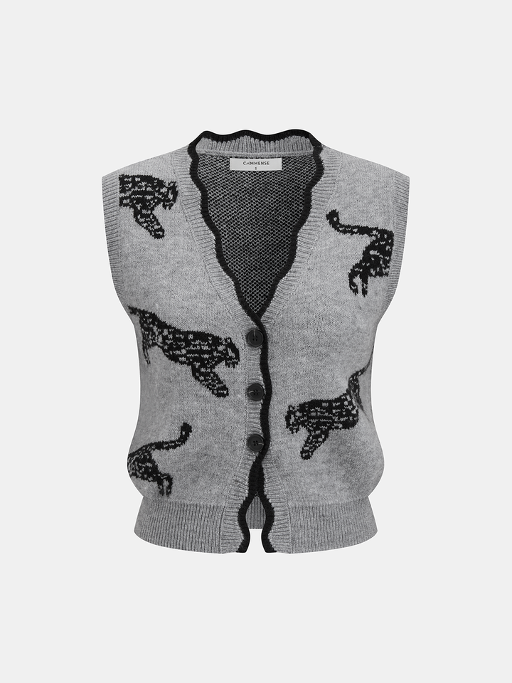 Panther Pattern Contrast Trim Knit Vest