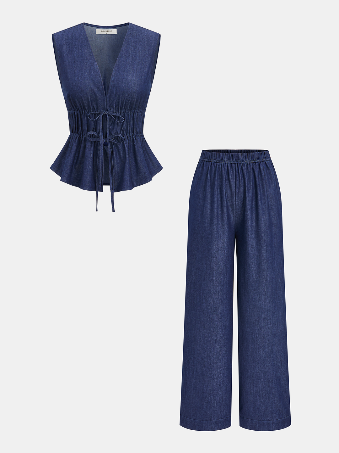 Faux Denim Tie-Waist Vest & Pants Set