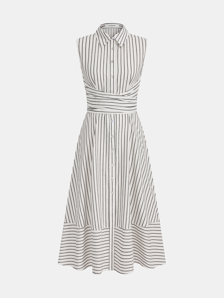 Striped Collared Sleeveless Tie Waist Midi Dress