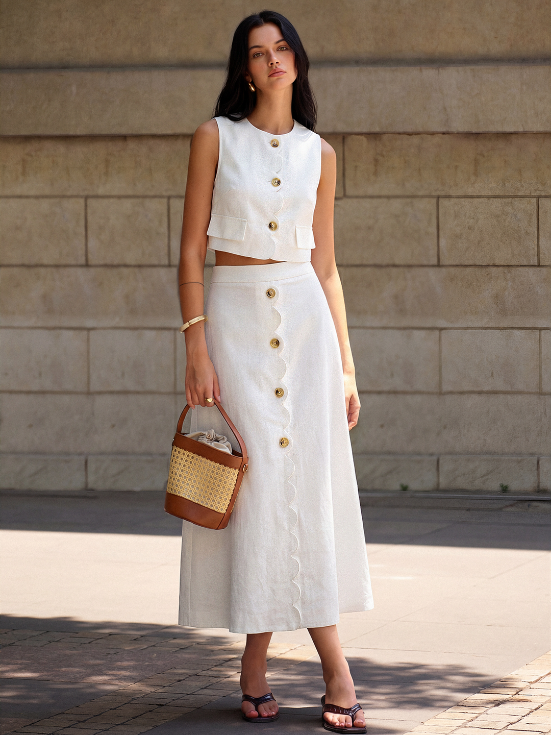 Cotton Linen Scallop Trim Vest & Skirt Set