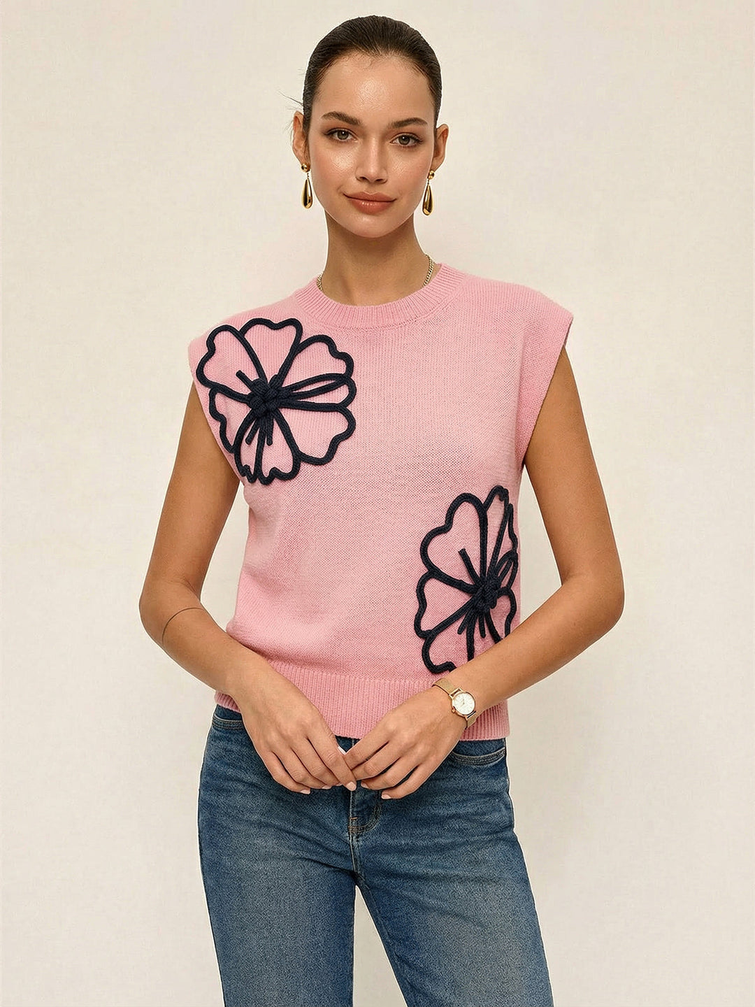 3D Floral Appliqué Knit Vest