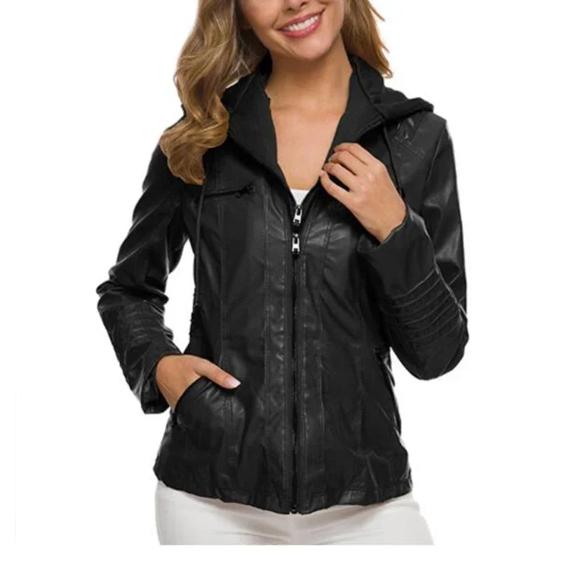 Women's Hooded Faux Leather Jacket