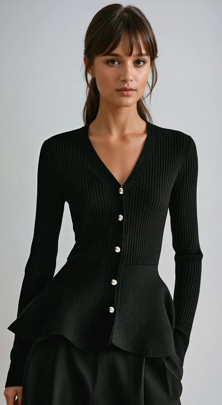 Ribbed Peplum Button Knit Top