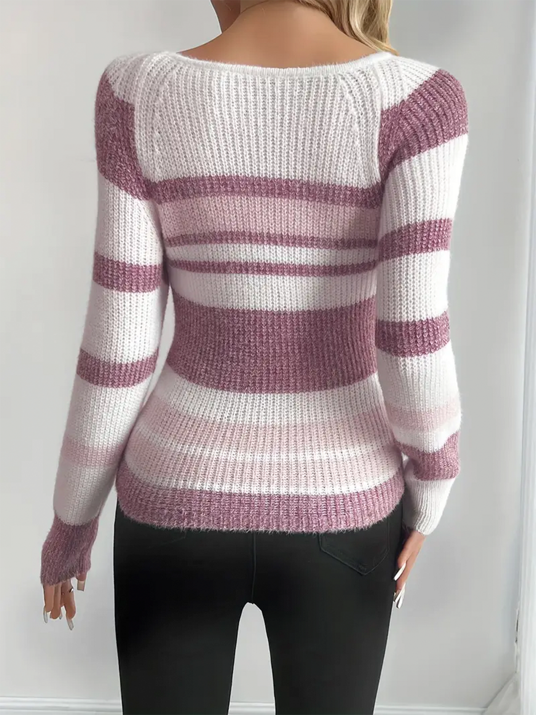 Striped Ribbed Knit Slim Fit Sweater