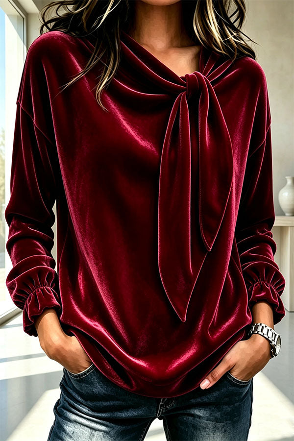 Women's Flowy Velvet Blouse with Bow Detail